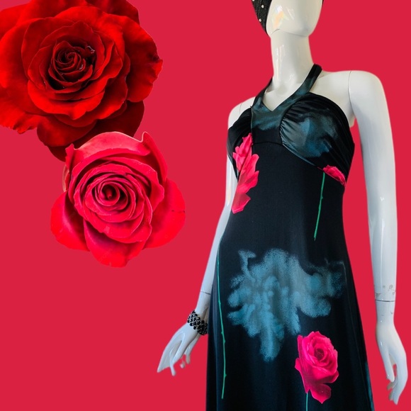 Vintage 70’s Rose Print Disco Queen Halter Maxi Dress - Picture 1 of 6